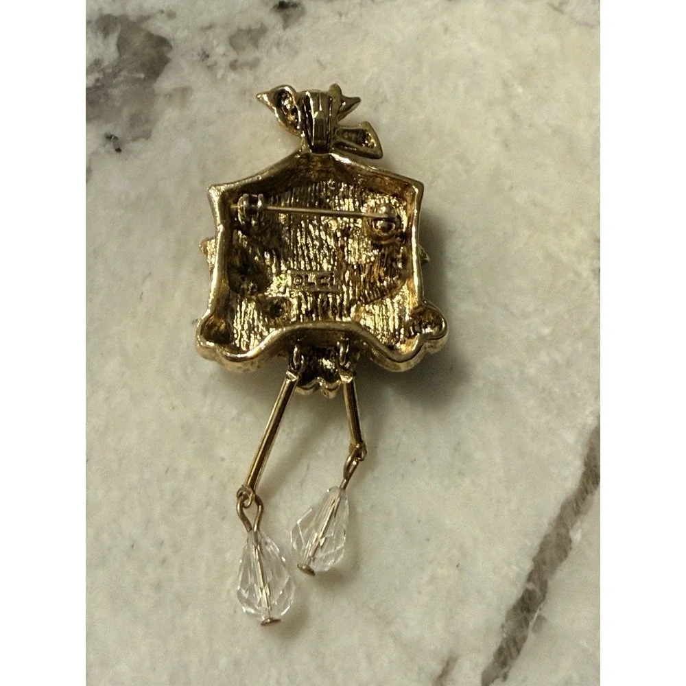 Liz Claiborne Coo Coo Clock Birdhouse Brooch or Pendant Gold Tone Crystal Drop